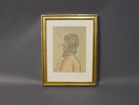 Henry Heerup Oliekridt og blyant tegning, signeret Heerup selvportræt 29 januar 
1945.
5000m2 udstilling.