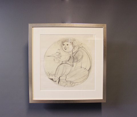 Litografisk tryk af dame med fugl signeret af Bjørn Wiinblad i sølvramme. 
5000m2 udstilling.
