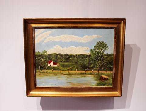 Oil painting of danish nature with gilded frame, signed EM 1915.
5000m2 showroom.
