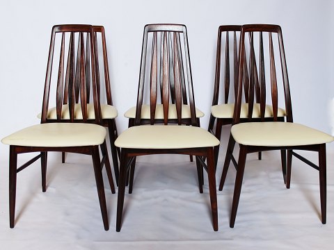 Sæt af 6 Eva stole i palisander og læder sæde af Niels Koefoed og Koefod 
møbelfabrik, Hornslet.
5000m2 udstilling.