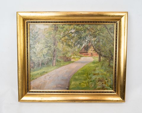 Oil painting with green motif and with gilded frame, from 1948 by Einar Parslev 
(1891-1977).
5000m2 showroom.