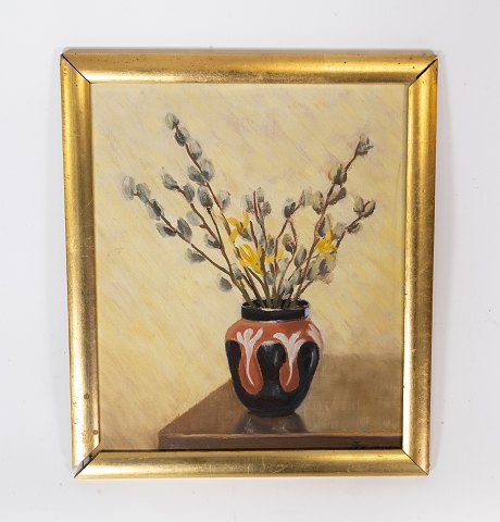 Maleri af vase med blomster, samt forgyldt ramme fra 1940erne.
5000m2 udstilling.