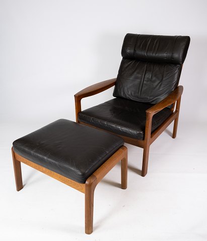 Armchair and stool - Teak - Black leather - Arne Vodder - Made by Komfort - 1960