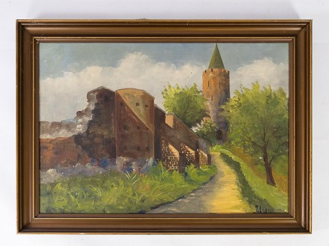 Oil painting with wooden frame and unknown signature from the 1930s. 
5000m2 showroom.
