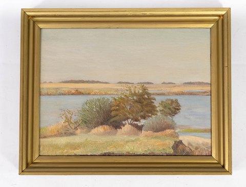 Oil painting with nature motif and gilded frame, with unknown signature. 
5000m2 showroom.