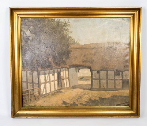Oil painting with country side motif and gilded frame, signed K.L.R. 27. 
5000m2 showroom.