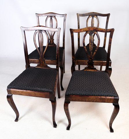 Dining room chairs, Mahogany, Black patterned fabric, 1920s.Great condition