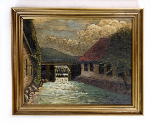 Maleri, Guldramme, byhus, 1930, 48,5x59,5
Flot stand
