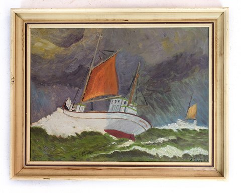 Maleri, Lærredet, guldramme, E. Hansen skibsmotiv, 1930, 32x40,5
Flot stand

