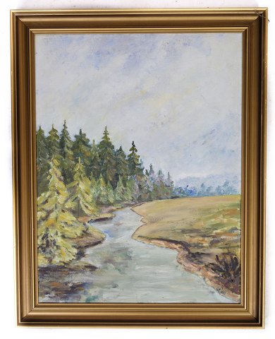 Maleri, lærredet, guldramme, landskabs motiv, 1930, 63,5x50,5
Flot stand
