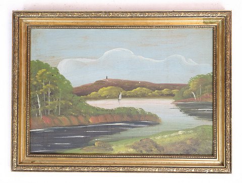 Maleri, træplade, guldramme, landskab, 1930, 29,5x40
Flot stand
