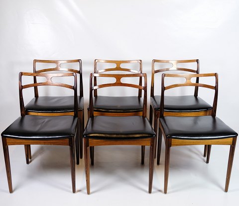 Set of 6 Dining Chairs - Model 94 - Rosewood & Black Leather Seat - Johannes 
Andersen - Christian Linneberg Furniture Factory - 1960s
Great condition
