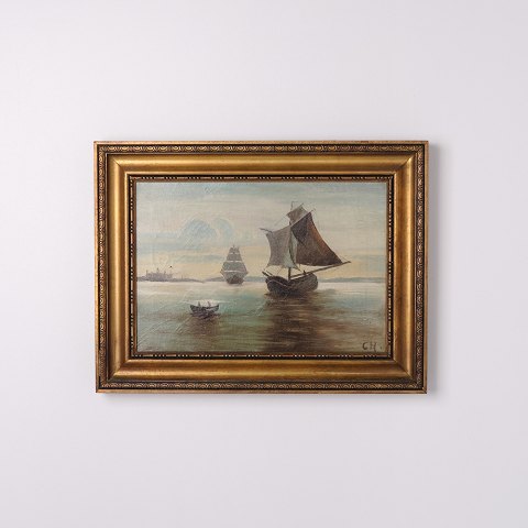 Marine Painting with Three Sailing Ships near Kronborg Castle in Gilt Frame from the 1890s