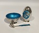 Salt shaker, saltbowl and saltspoon in 925 sterling silver and light blue enamel 
by MEKA.
5000m2 showroom.