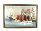 Oil painting with motif of ships and gilded frame signed Thornøe.
5000m2 showroom.