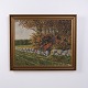 Oil Painting on Canvas with Deer by a Stone Wall in Gilt Frame 58.5 x 70 cm