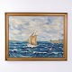 Oil Painting with Sailing Boat, Rough Sea and Lighthouse in Gilt Frame from 1951 by Vedel-Olsen